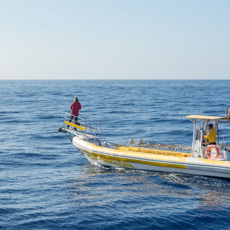 Yellow and White Boat alone in the Ocean with two fishermen