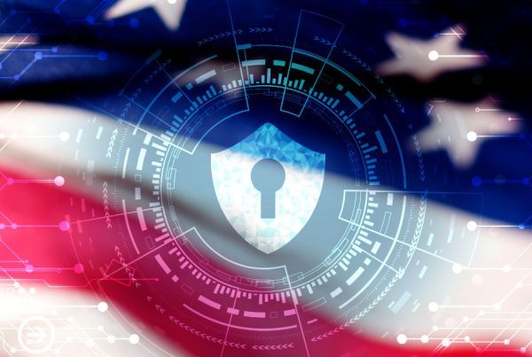 Abstract glowing shield with code going through and around an American Flag