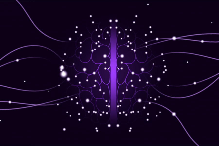 Abstract image of glowing dots around a purple line