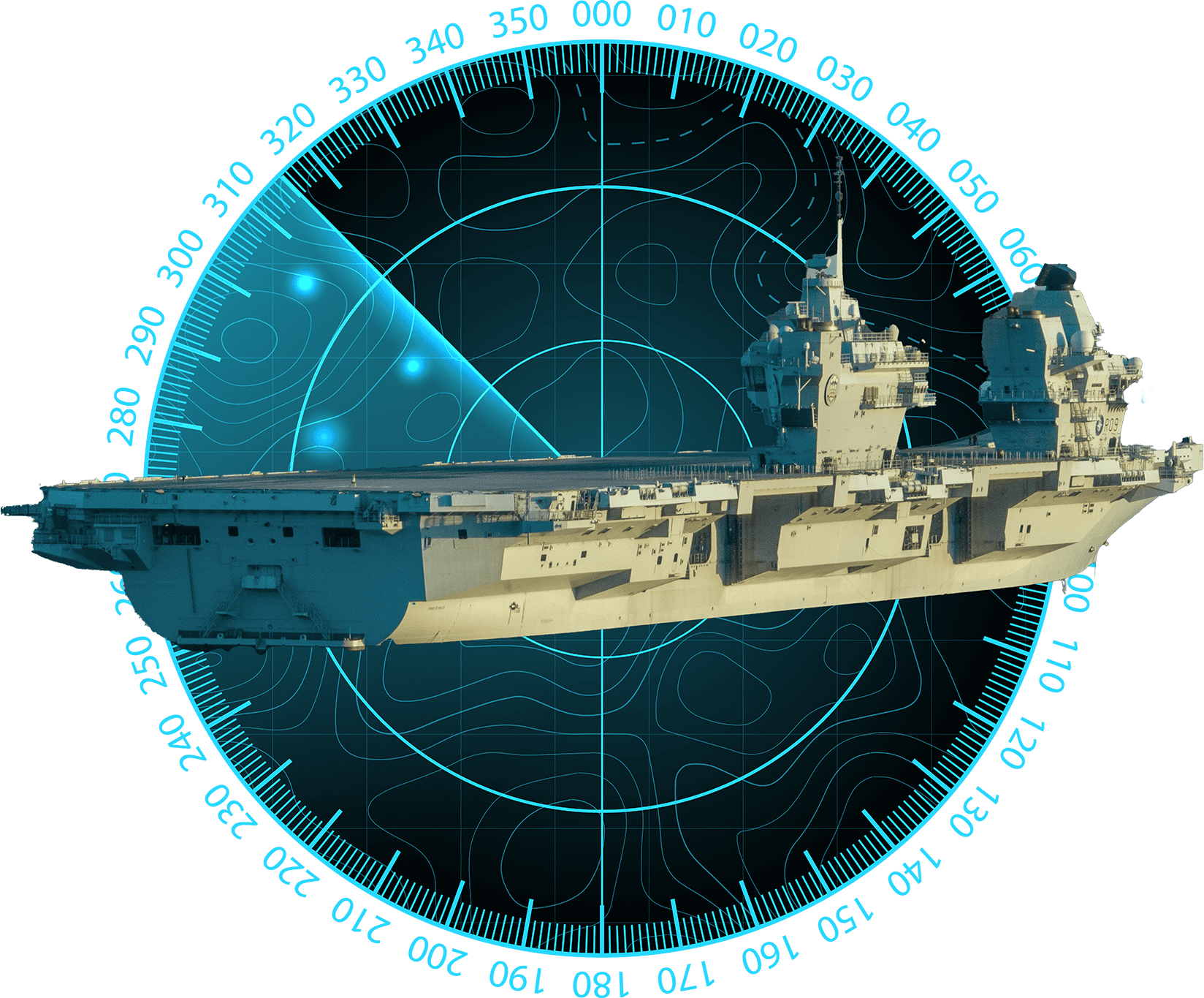 An animated aircraft carrier is superimposed over an image of a SONAR screen.